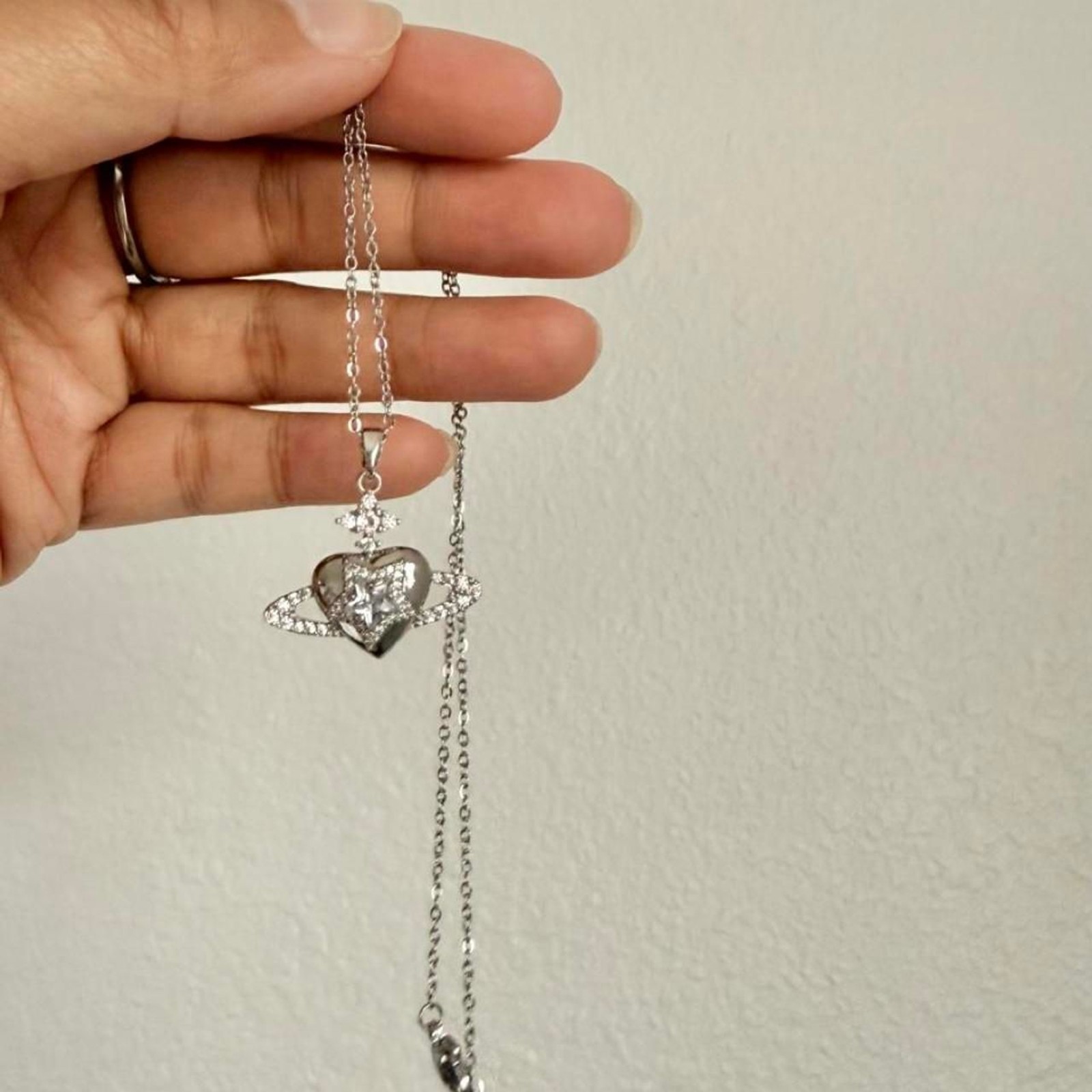 Sparkling Heart Saturn CZ Pendant Stainless Steel Necklace