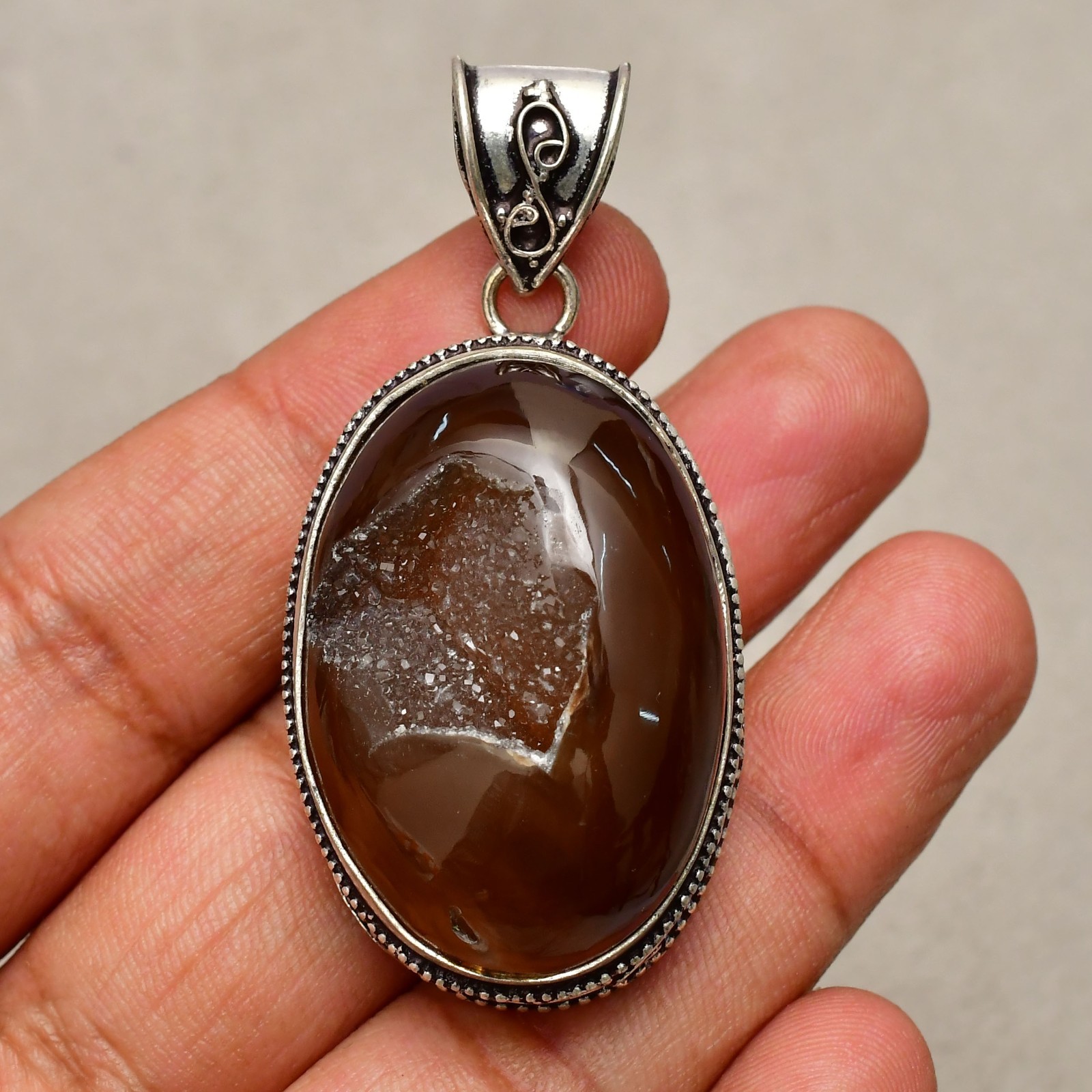 Titanium Druzy Gemstone Handmade 925 Sterling Silver Jewelry Pendant 2.08″