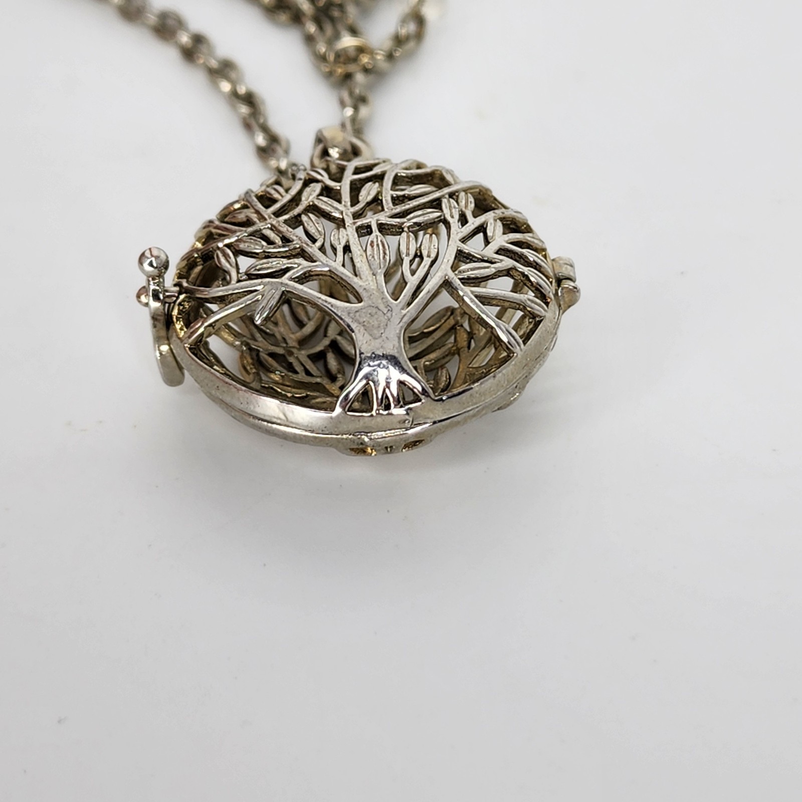Filigree Tree of Life Locket Necklace Harmony Bell Pendant Silver Tone