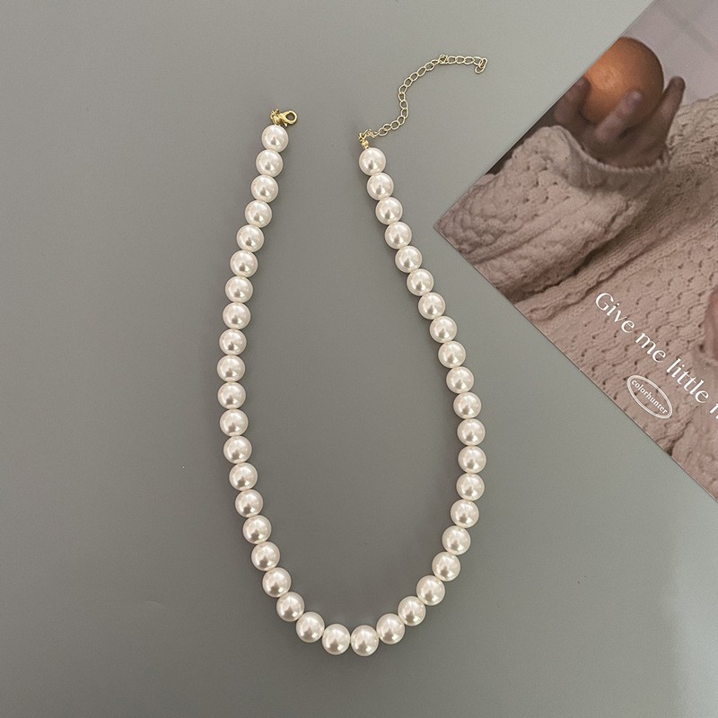 8mm White Round Pearl Beads Necklace for Women and Men Gold Clasp