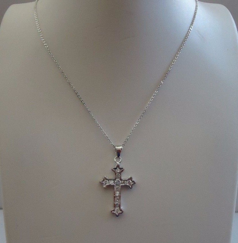 CROSS NECKLACE PENDANT 1 CT LAB CREATED DIAMONDS / 925 STERLING SILVER / 17”