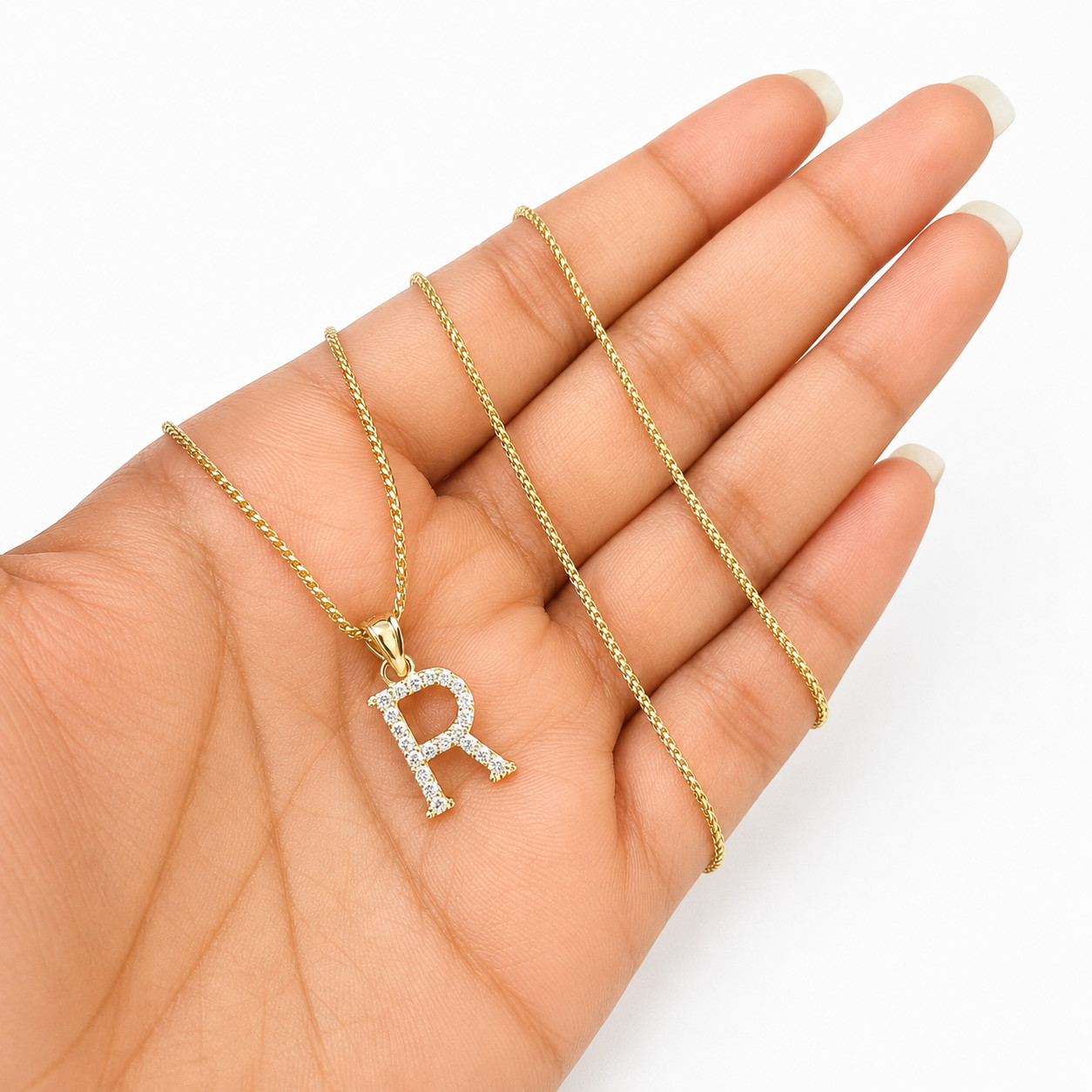 10K Gold Solid Franco Chain R Initial CZ Stone Pendant Set 1mm 16 18 20 22 Women