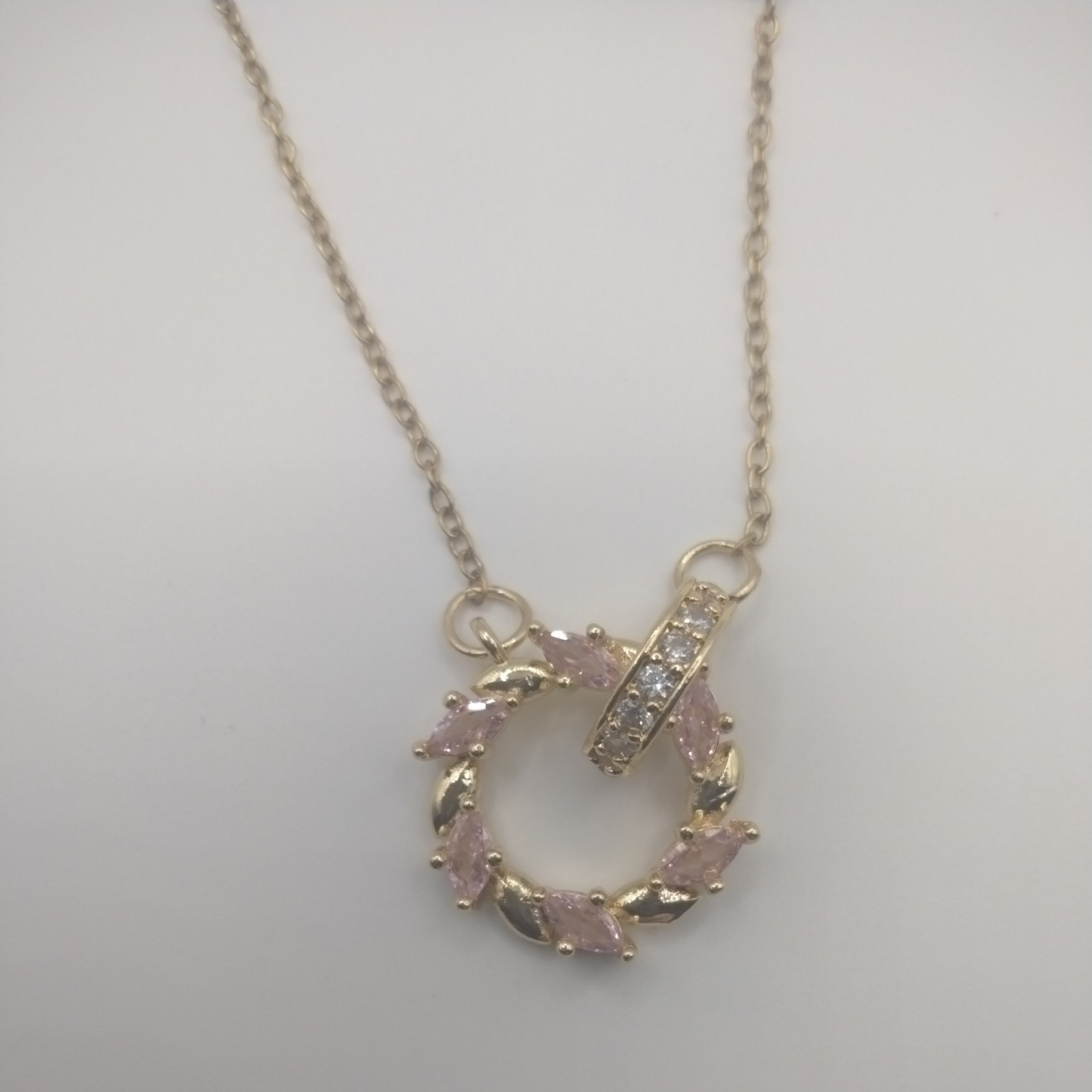 Gold and Pink Circular Pendant Necklace Gold Chain Necklace