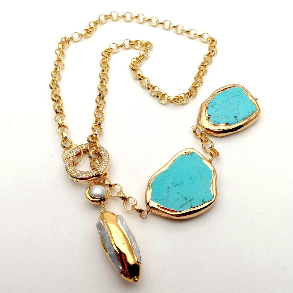 27″ White Biwa Pearl Turquoise Lariat Chain Necklace