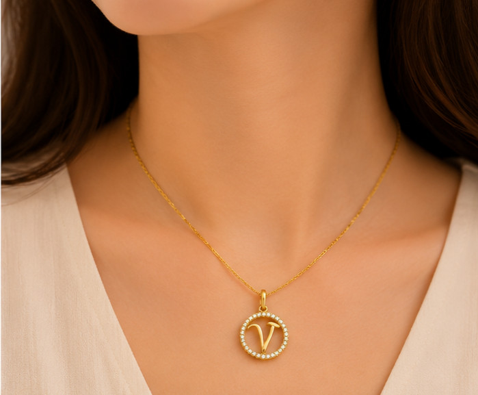 1ct Round Cut Simulated Diamond Unisex Initial V Pendant 14k Yellow Gold Plated