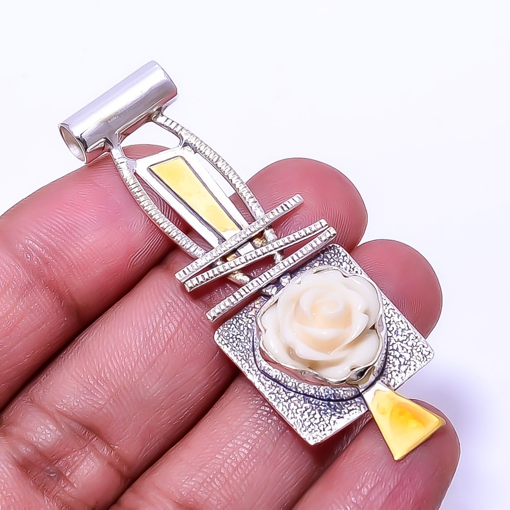 Carved White Coral 925 Sterling Silver Two Tone Designer Pendant 2.26″ P25