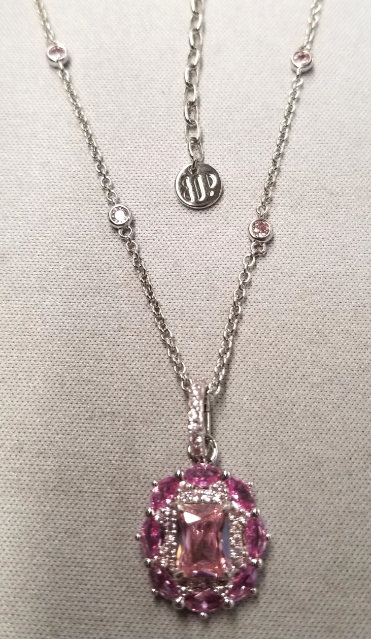 Bomb Party Pink Cubic Zirconia Halo Pendant Rhodium Plated Necklace 18″+2.5″
