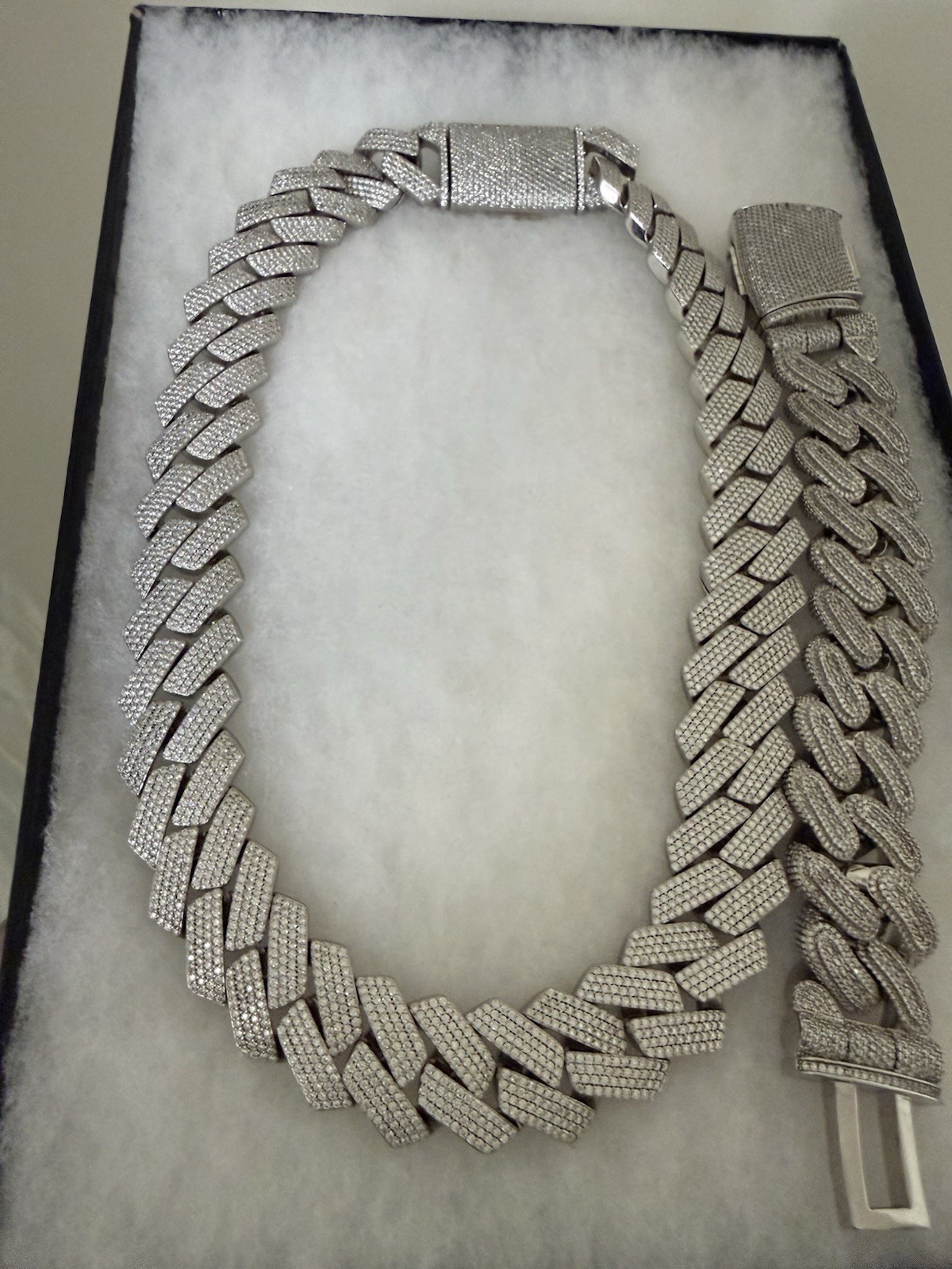 1.3 LB Sterling Silver Cuban Link Chain Necklace Pavé VS Moissenite w Bracelet