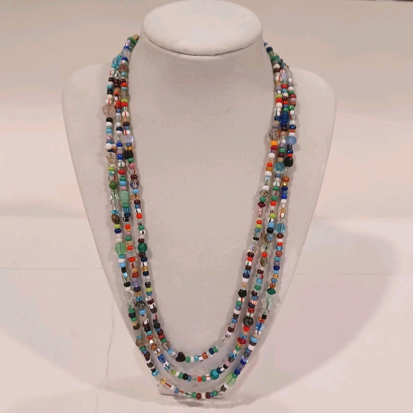 Long Glass Beaded Necklace 34″ Colorful 100s Of Glass Beads Round Hearts Oval