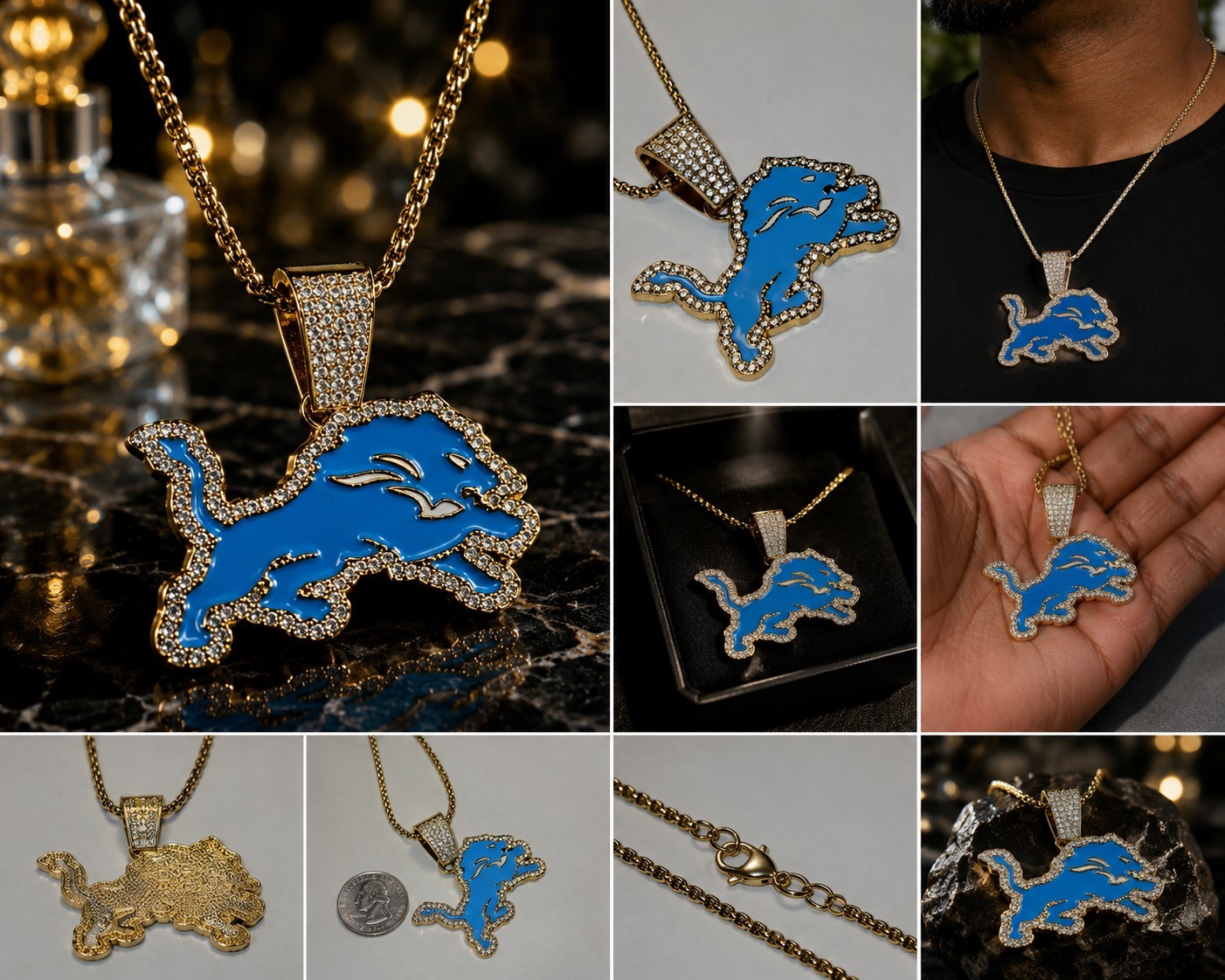 Blue Lion Football Fan Pendant Necklace Gold Tone Iced CZ Hip Hop Chain