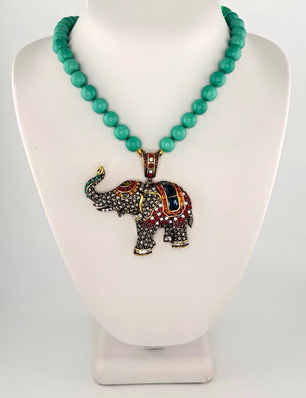 Signed Heidi Daus Turquoise Bead Necklace with Pavé Swarovski Crystal Elephant