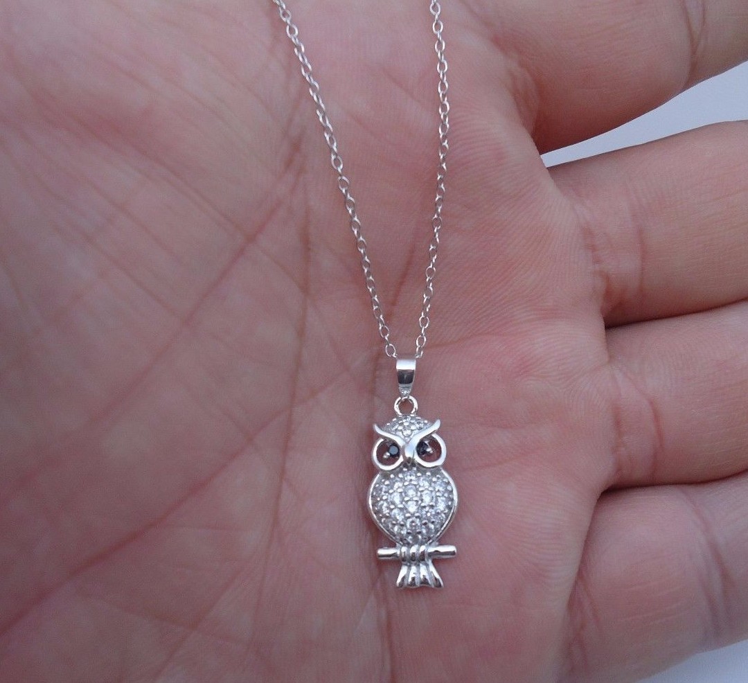 925 STERLING SILVER DESIGNERS OWL PENDANT NECKLACE W/ 1 CT LAB CREATED DIAMONDS