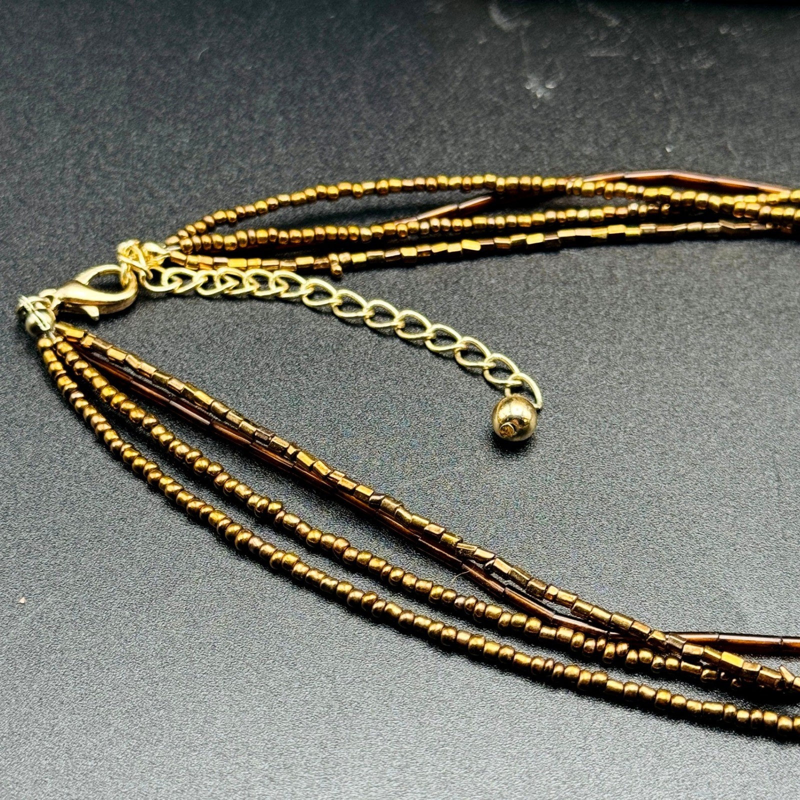 Brown Cats Eye Pendant Multi Strand Seed Bead Necklace Bronze Gold Boho Bohemian