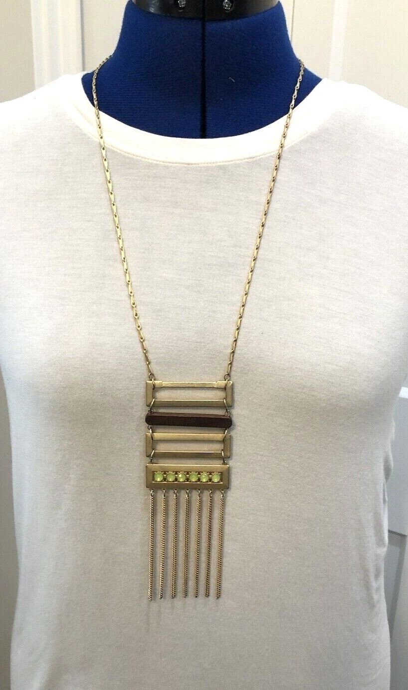 Gold Tone Geometric Fringe Pendant Necklace Wood Chartreuse Green Statement Boho