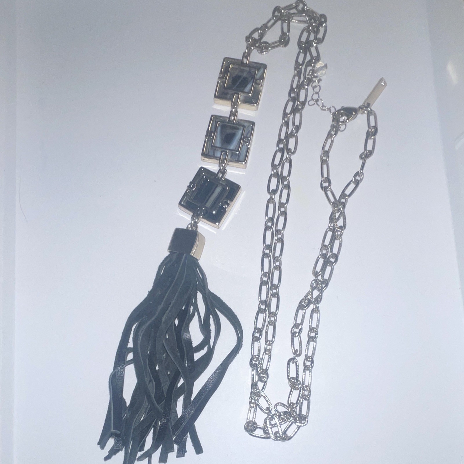 Silver Tone Cable Chain Necklace Agate Square Pendant w/ Tassel Adjustable