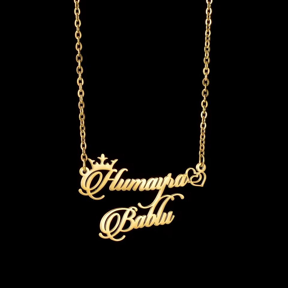 Custom Jewelry Two Name Pendant Necklace Crown Heart Love Chain Wedding Romance
