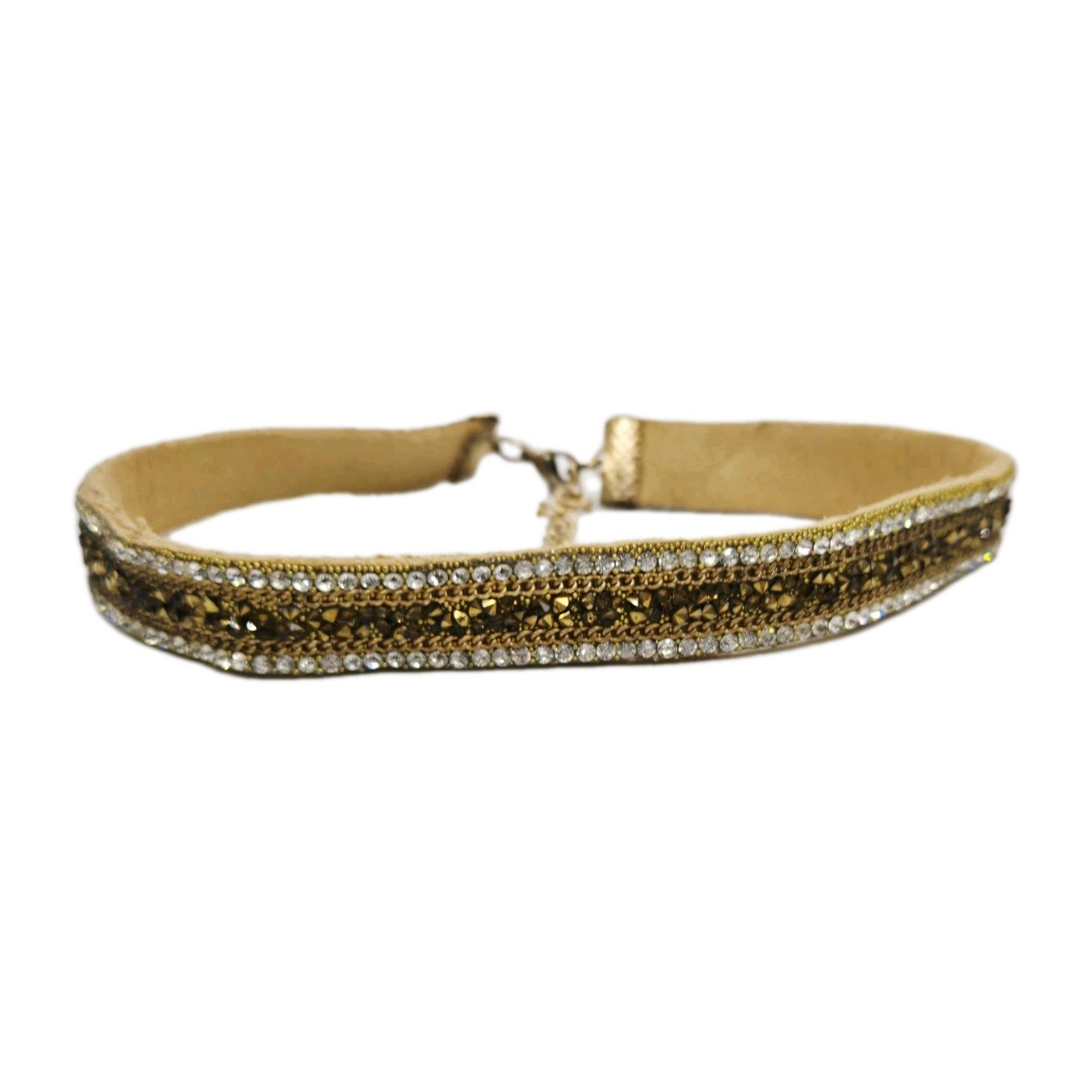 Crystal Leather Choker Necklace Wide Tan Leather Couture Adjustable 15 in