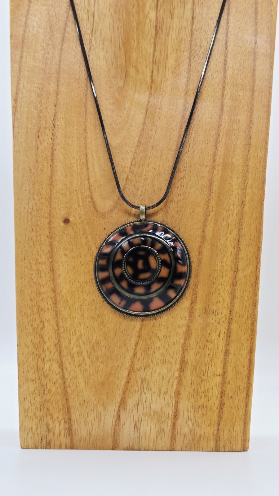Black & Orange Multicolored enamel Medallion Pendant Necklace Art Deco 18 in