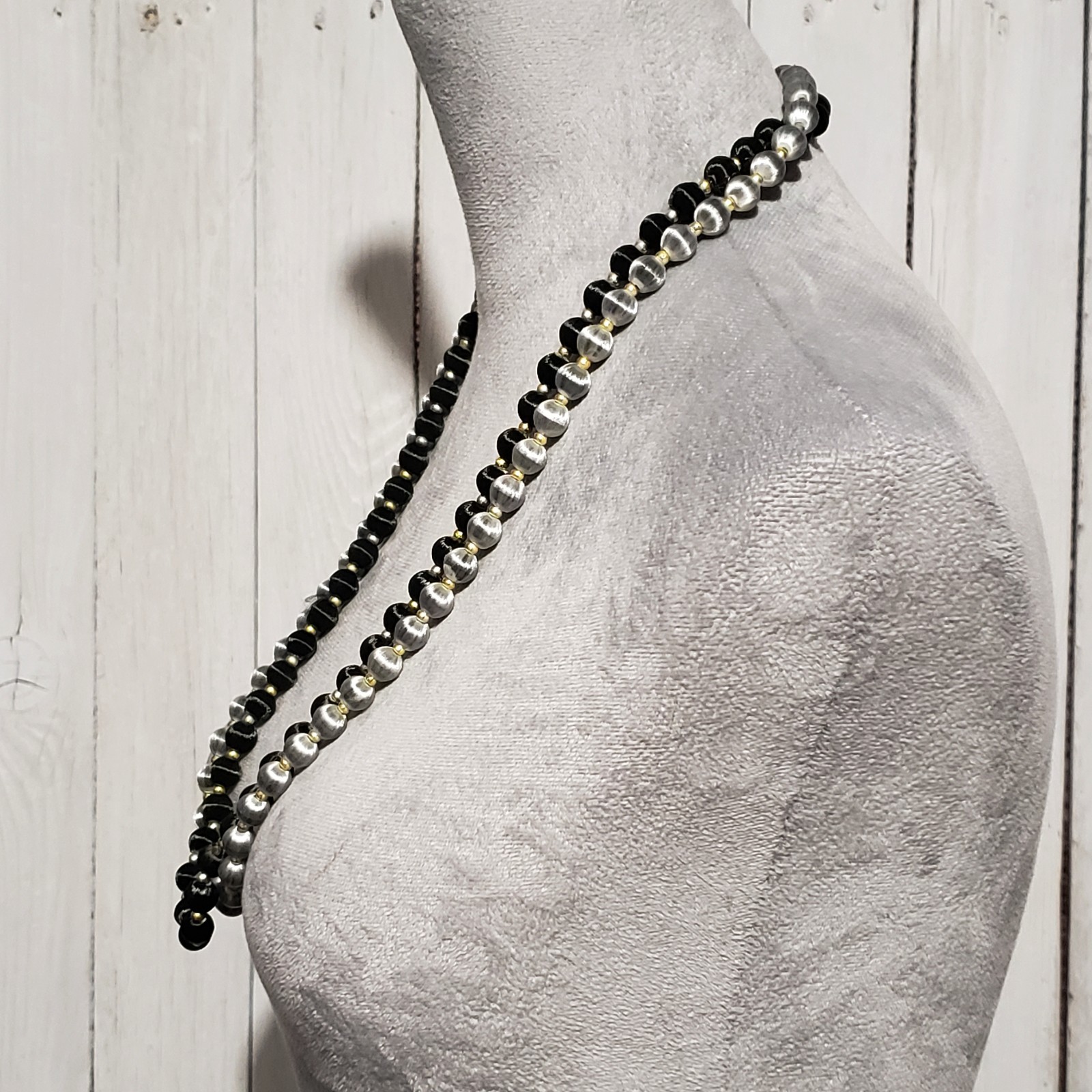 Vtg Bead Necklaces Set of 2 Black Gray Silk Satin Wrapped Boho Whimsigoth Retro