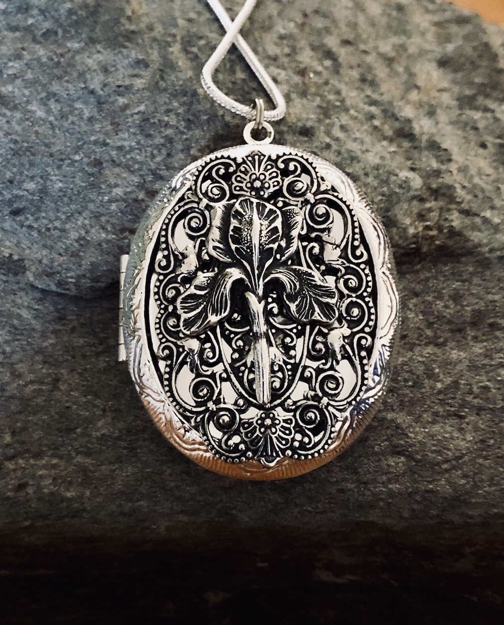 Iris Locket Necklace, Photo Memorial Keepsake Pendant, Sterling Silver Chain