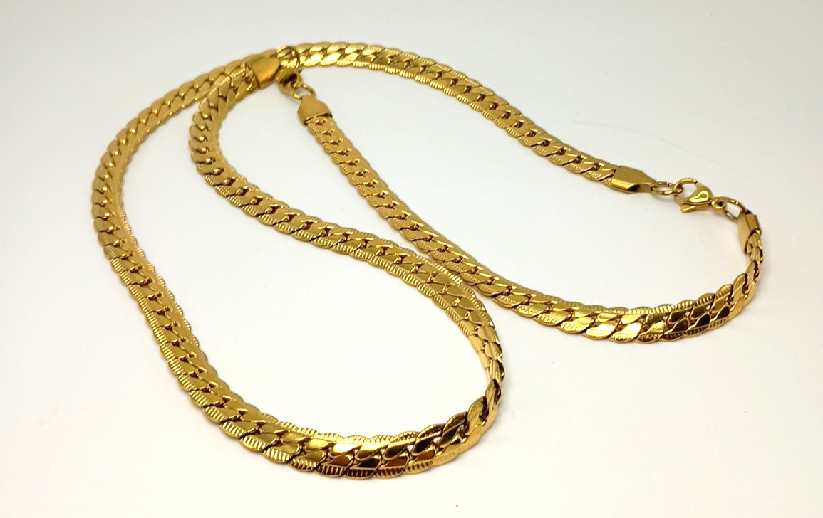 Miami Cuban Link Necklace Bracelet Combo 27″ Gold Tone 1/4″ Wide Diamond Cut