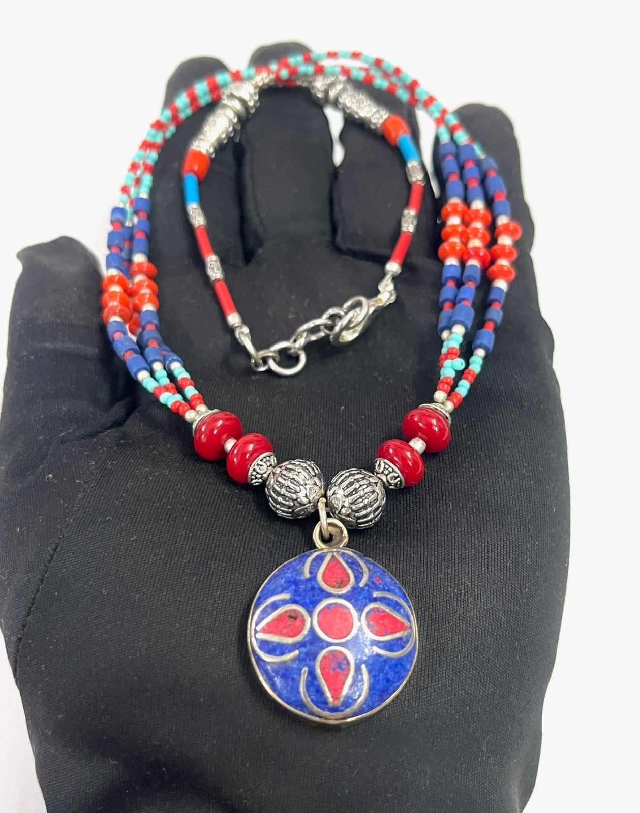 Antique Lapis Lazuli Coral Gemstone Tibetan Necklace Jewelry, 17 Inch Adjust