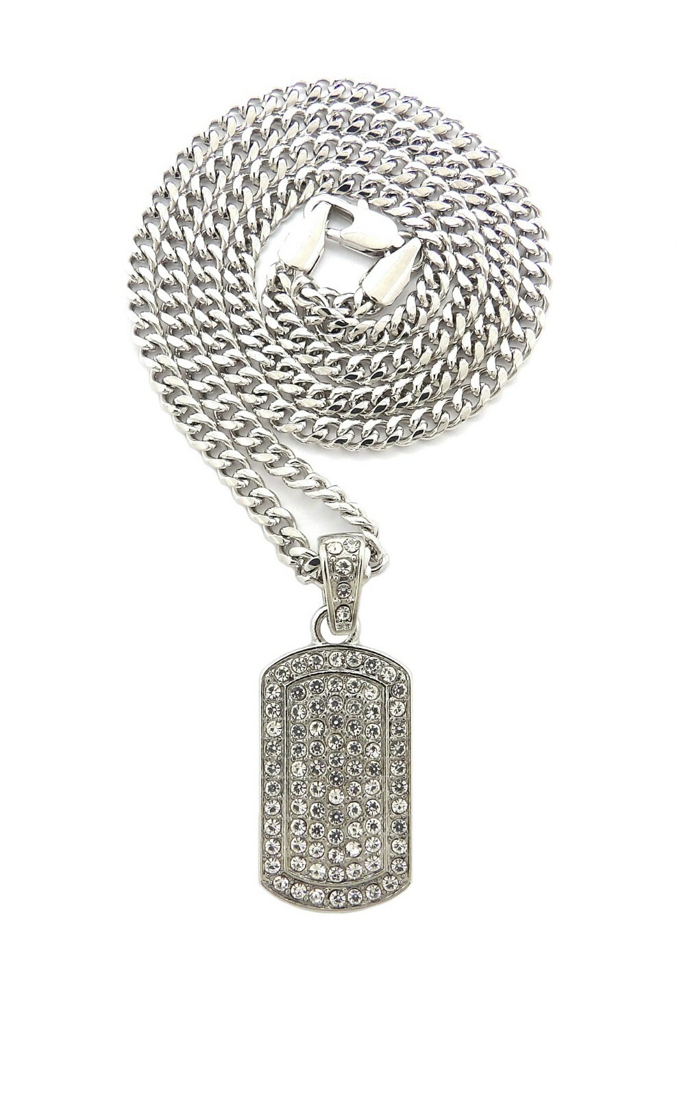 CUBIC ZIRCONIA SILVER PLATED ALLOY DOG TAG & 24″ BOX ROPE CUBAN CHAIN NECKLACE
