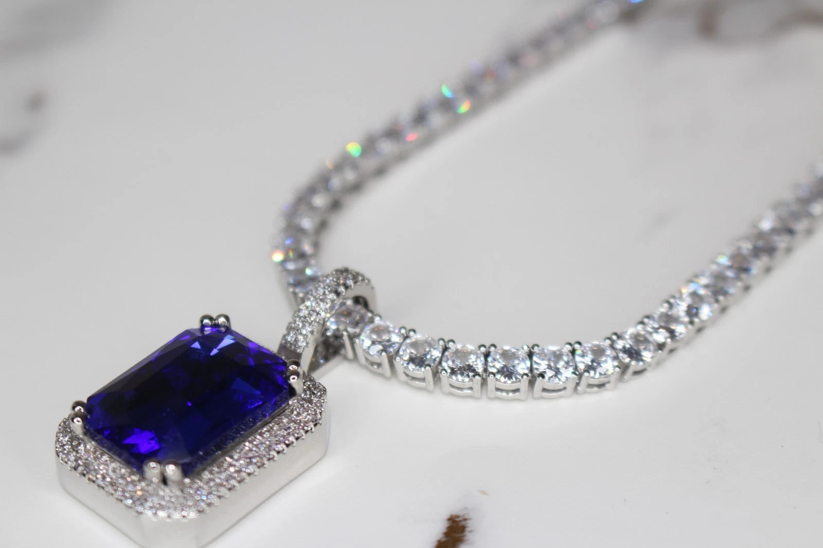 BLUE RUBY Sapphire Pendant Tennis 75.8ct Lab Sim Gem Diamond Chain Necklace