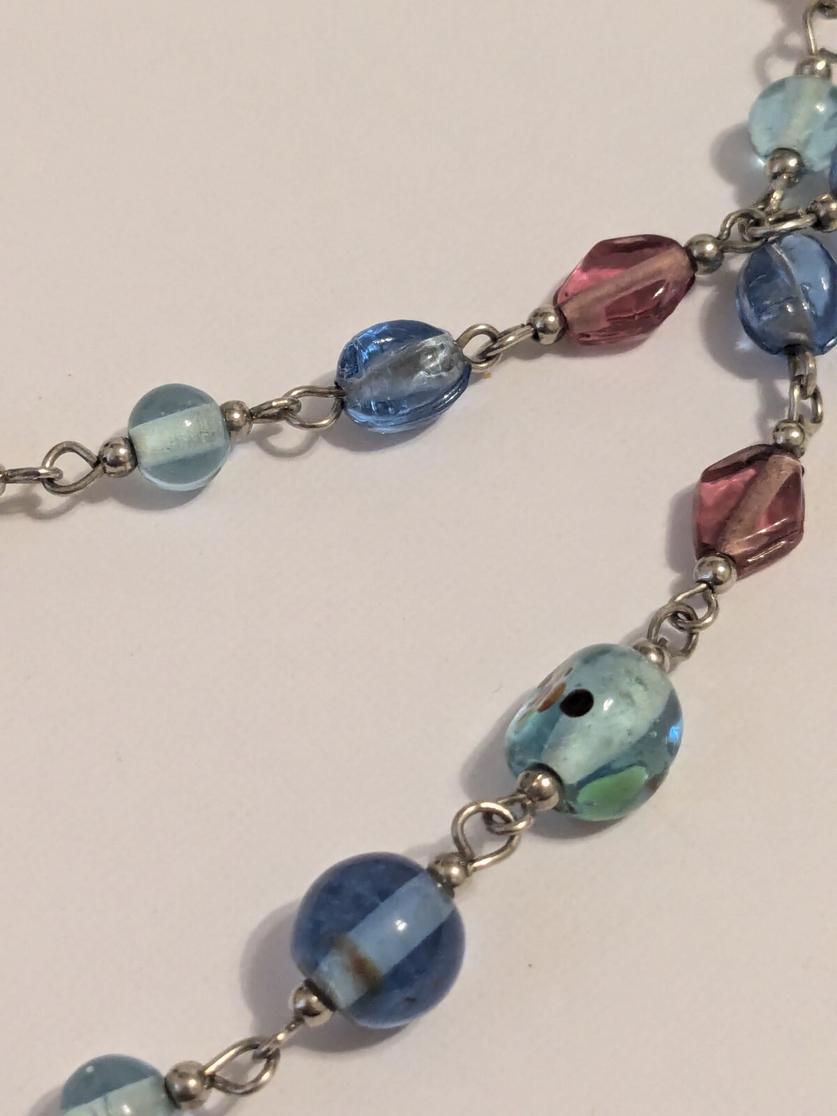 Infinity Style Multicolor Glass Bead Necklace. Silver Tone. 40″. Various Shapes.