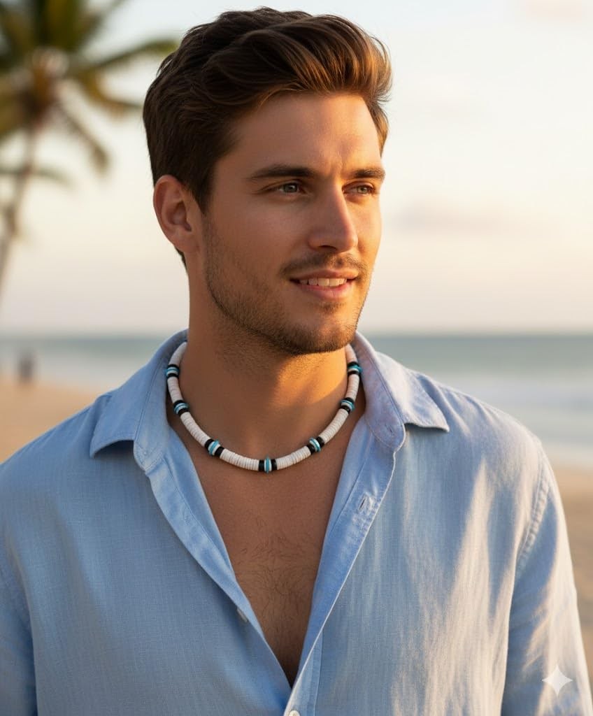 Adult Unisex Puka Shell Necklace White Clam Heishi Hawaiian Surfer Beach Neck…