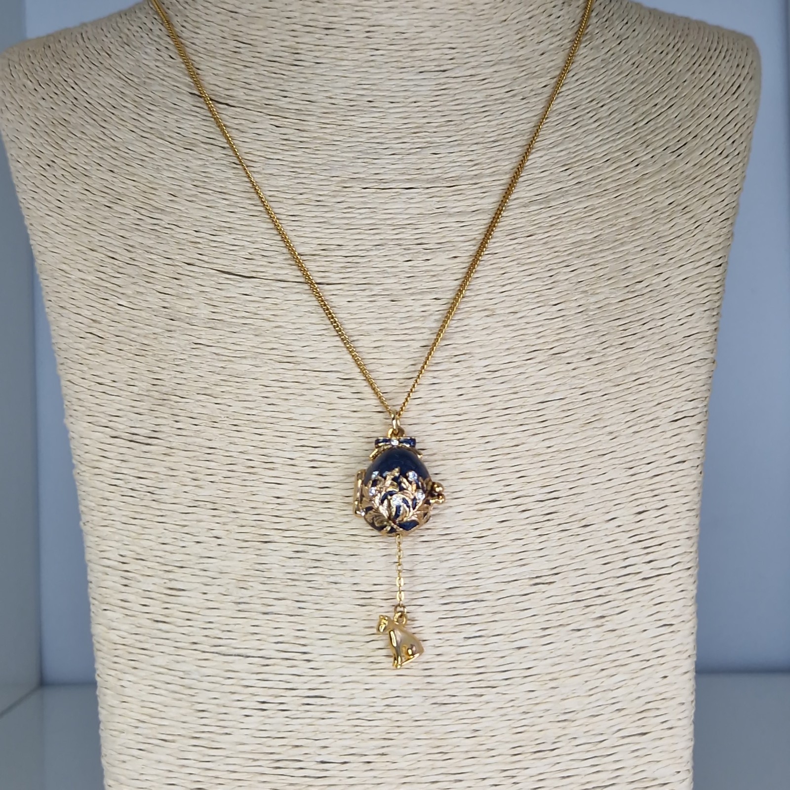 Enamel Easter Egg Locket Necklace Dangly Hidden Charm Sphix Jeweled Louvre 46cm