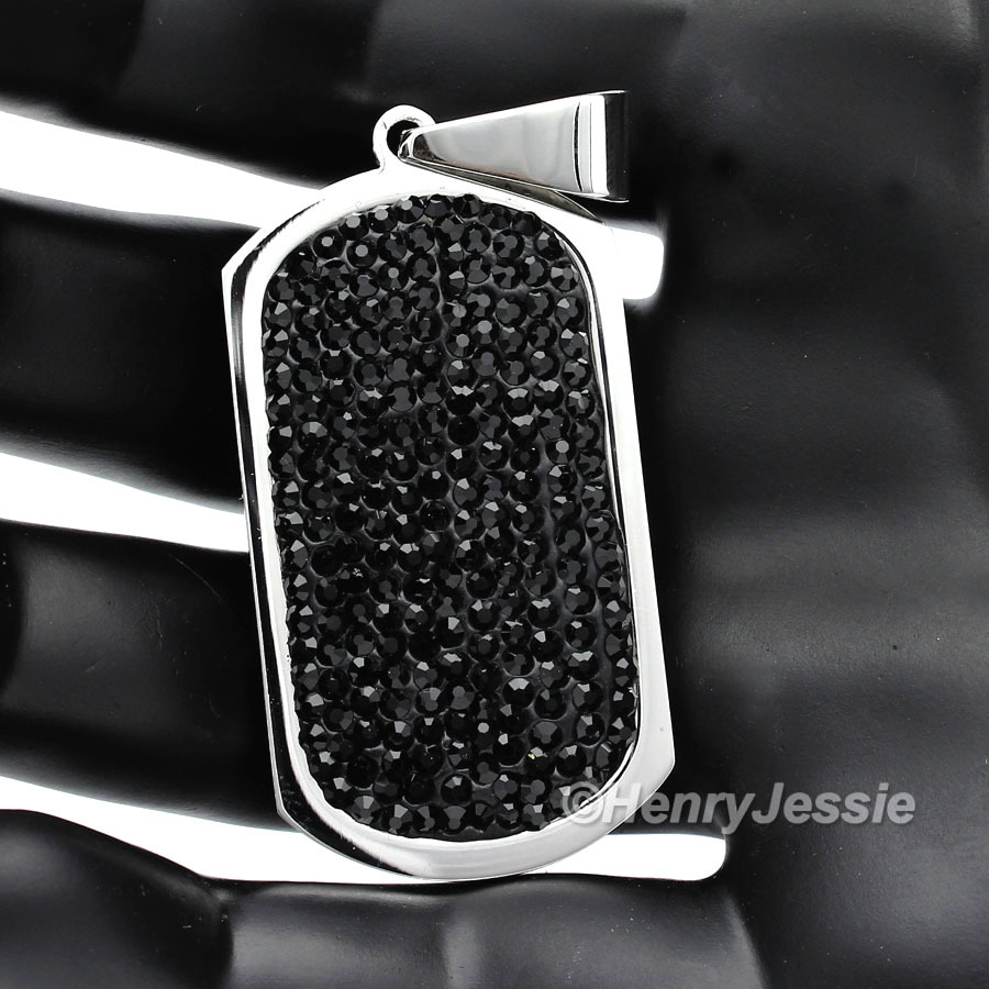 24″MEN Stainless Steel 2.5mm Silver Bead Chain ICY Black CZ DogTag Pendant*B43