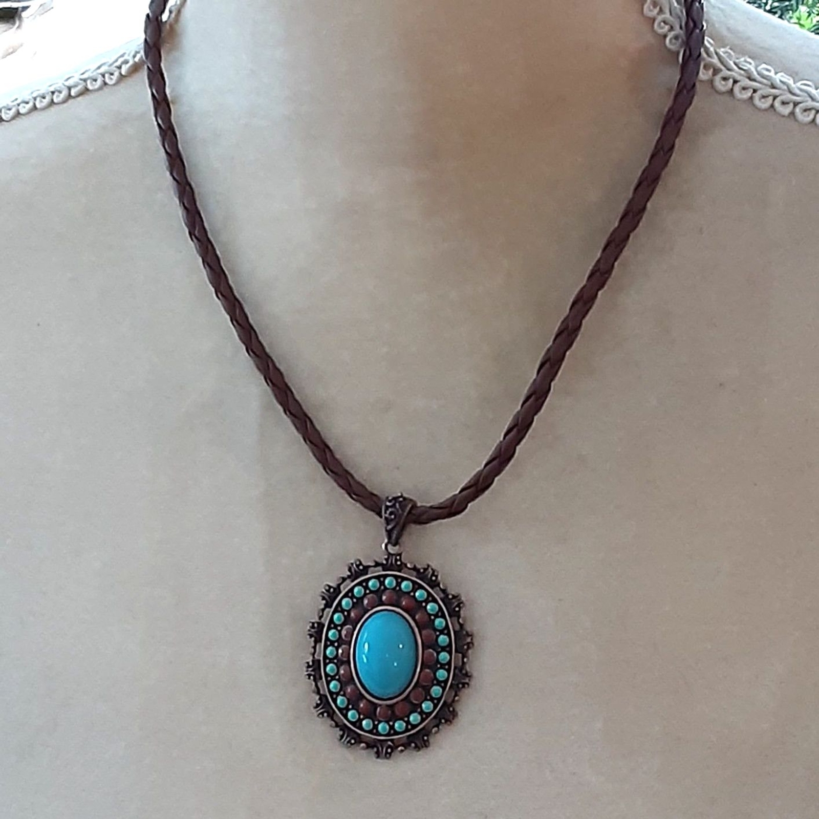 Southwestern tribal 16″ necklace faux leather cord faux turquoise pendant