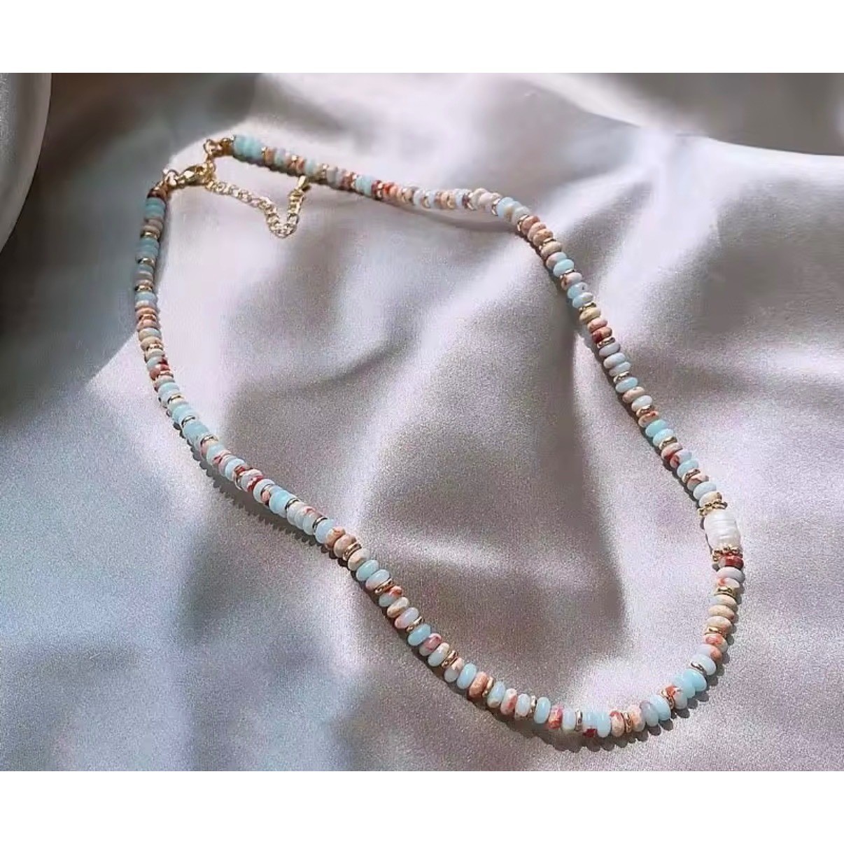 Natural Amazonite and Freshwater Pearl Beaded Necklace Gold Tone Adjustable