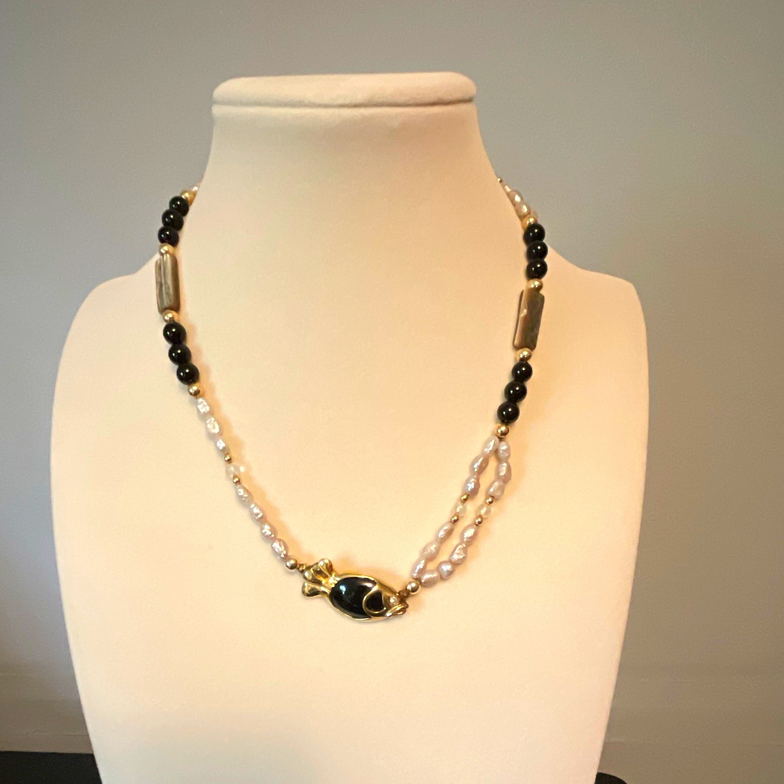 18 in Sterling silver black and white onyx/ seed pearls and abalone necklace