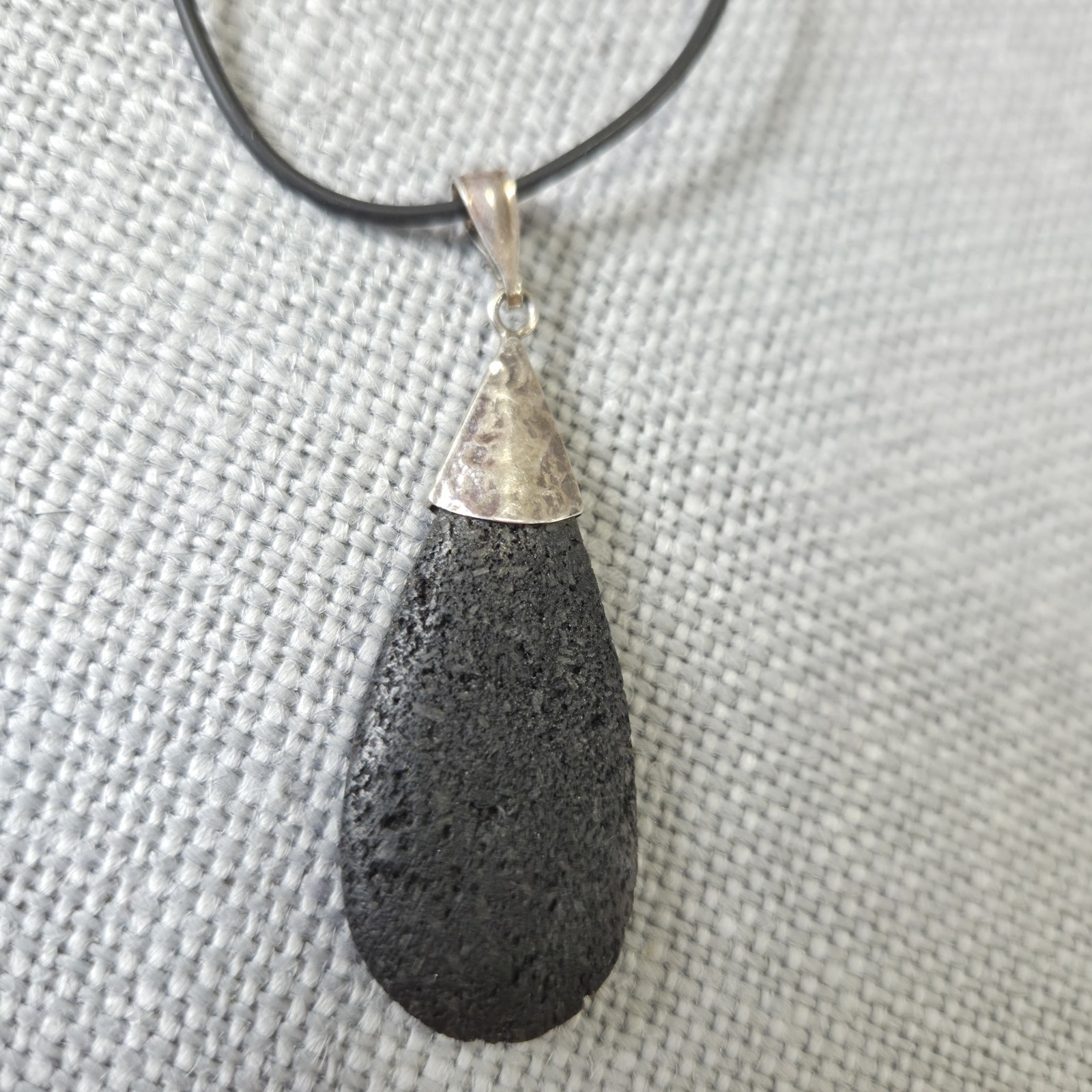 Pendant Teardrop Black Lava Rock Stone 925 Sterling Silver Healing Vintage
