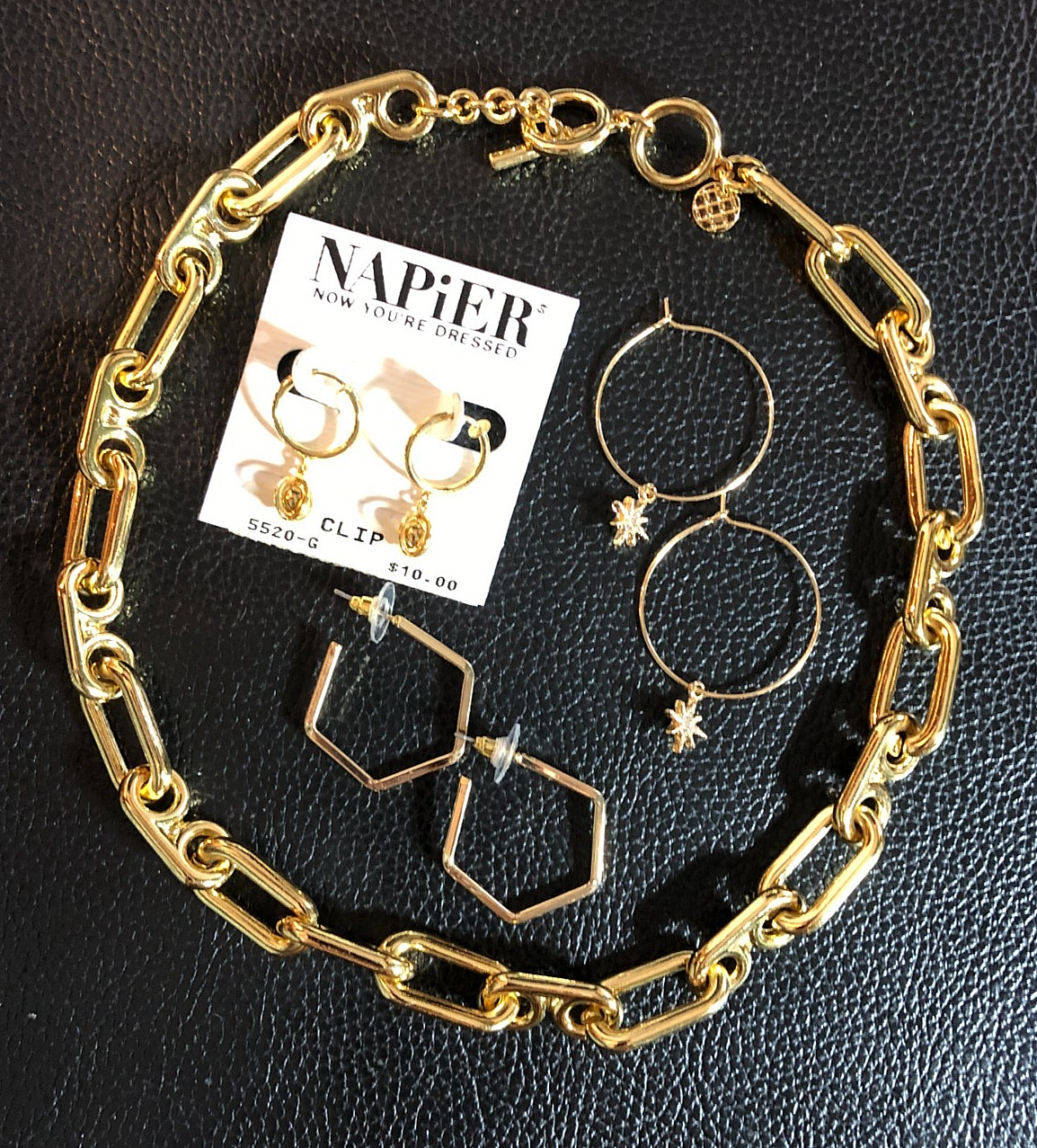Gold Chunky Paperclip Link Toggle Necklace Talbots +3 Hoop Earrings LOT 8627