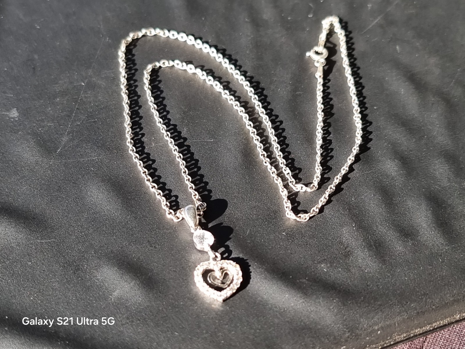 925 Sterling Silver Double Heart Cubic Zirconia Pendant on Belcher Chain. ( Genu