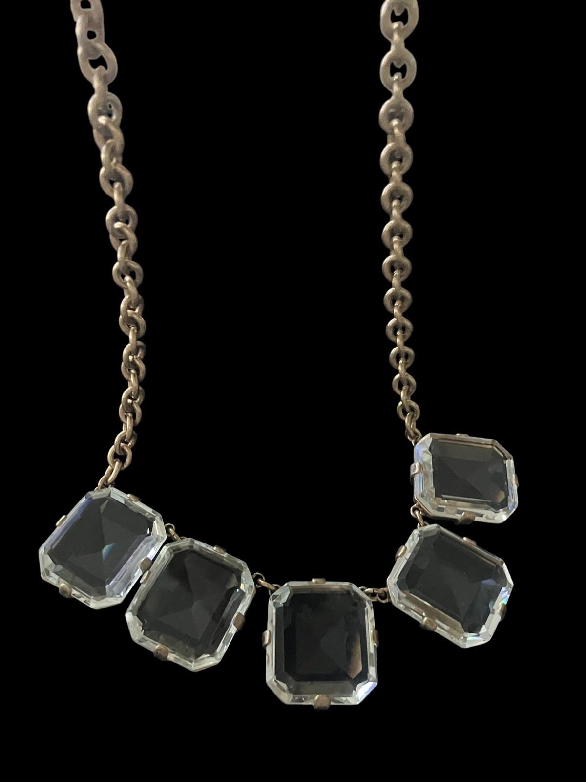 J Crew 5 Crystal Emerald Cut Bezel Set Stones Necklace 17”- 20” EUC