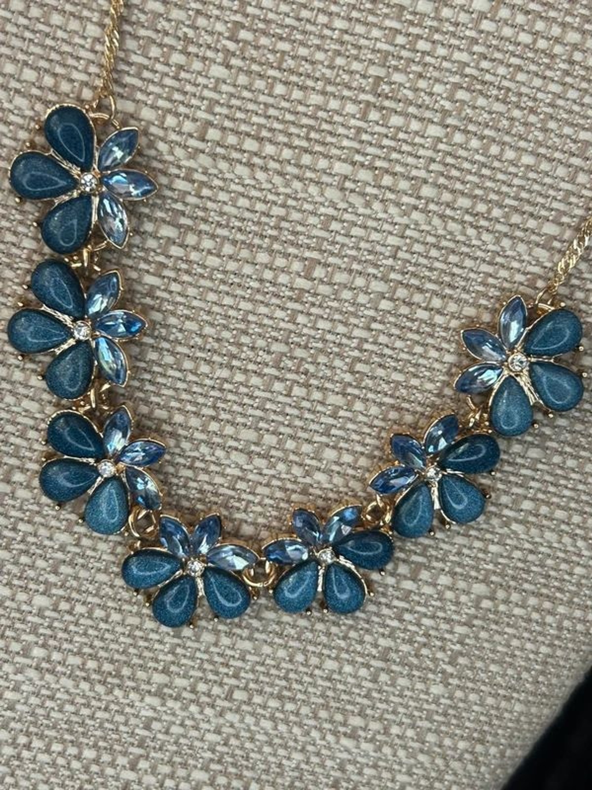 Gold Tone Blue Floral Cluster Statement Necklace Crystal Accents