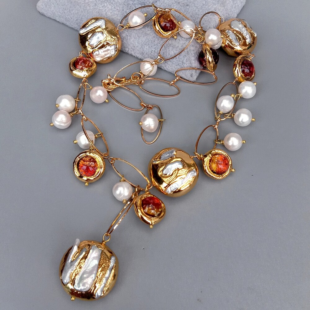 21″ Cultured White Biwa Pearl Brown Murano Glass Chain Pearl Y-Drop Necklace