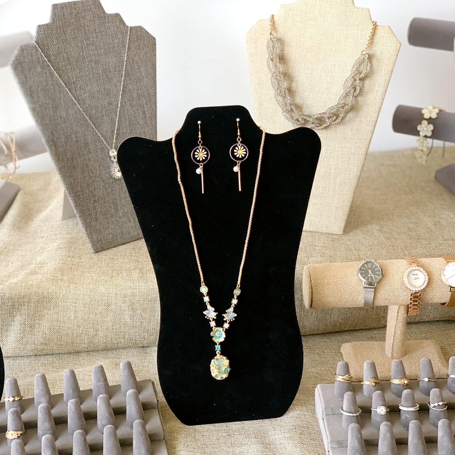 14 Inch Tall Black Velvet Necklace & Earing Display Stands for Selling, Foldable