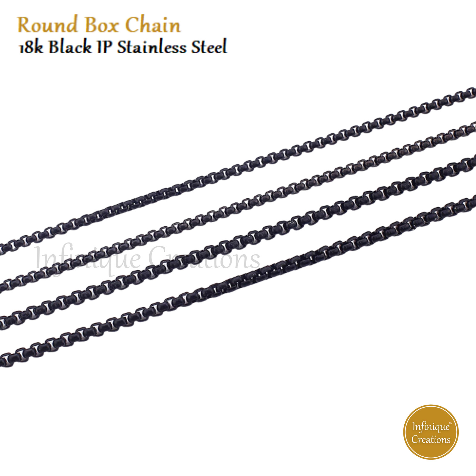18k IP Black Plated Stainless Steel Round Box Chain Bracelet Necklace 7-38″
