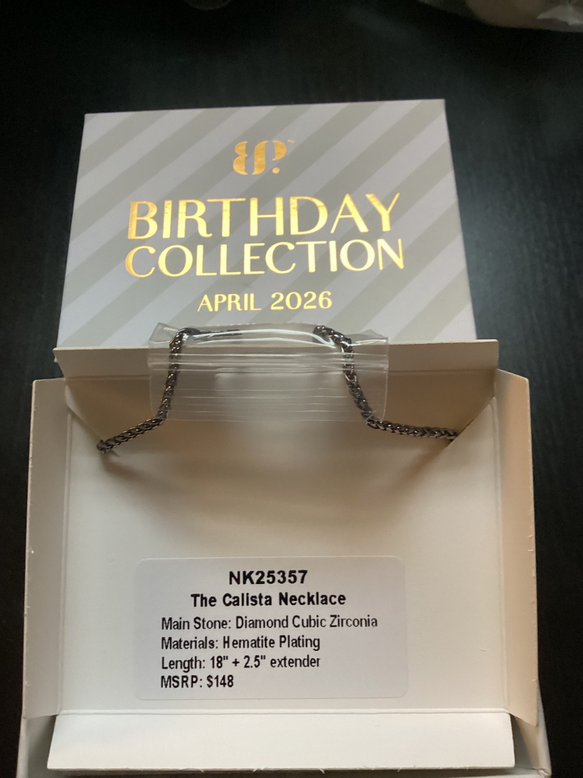 Bomb Party April Birthday 2026 NK25357 The Calista Necklace Diamond CZ Hematite