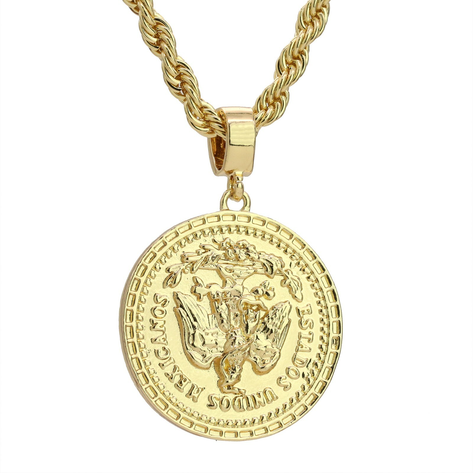 Centenario 50 Pesos Pendant Iced Cubic-Zirconia Rope Chain 14k Gold Plated