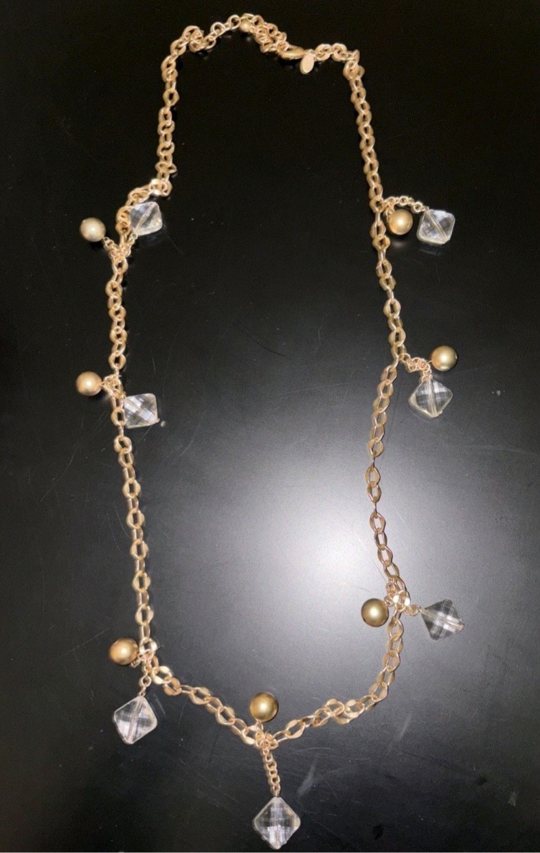 CHICO’S 18 INCH LONG GOLD COLORED BALLS AND COLORLESS STONE STATEMENT NECKLACE