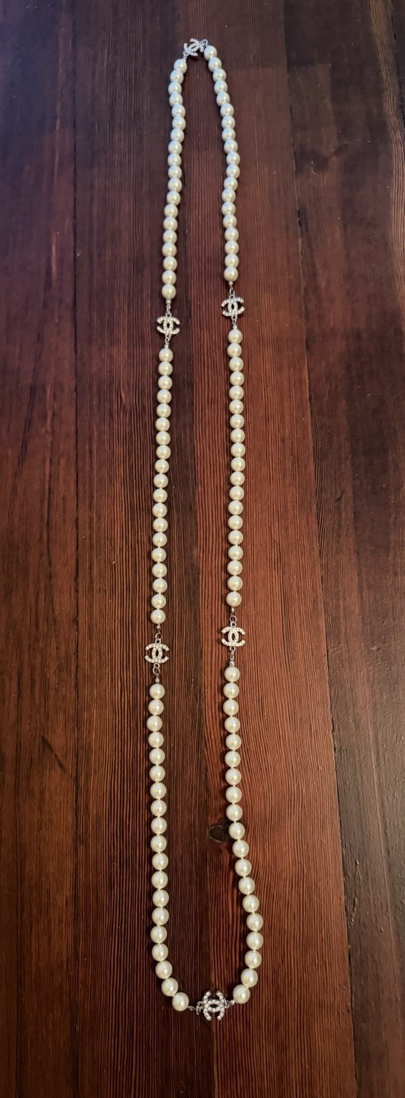 White Faux Pearl Beaded Long Necklace Round Simulated Pearls Logo Stations