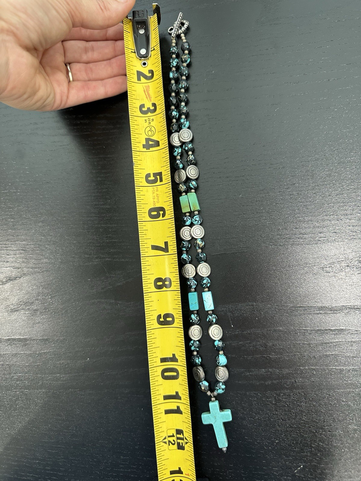 Black & Blue Beaded Necklace Cross Charm Pendant Toggle Clasp 19-24 in