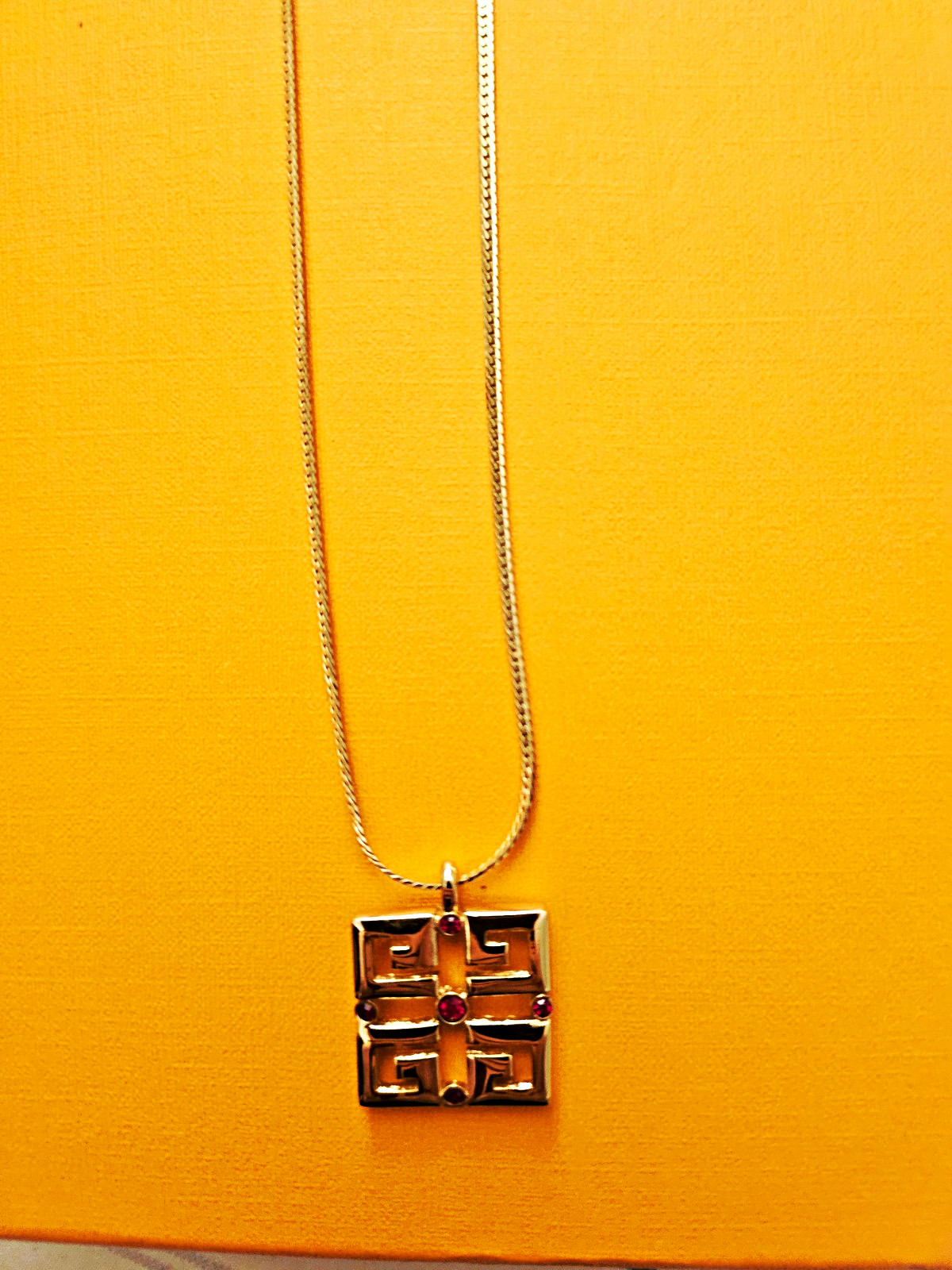 Givenchy Signed Gold Tone Herringbone Chain Square Logo Pendant Necklace