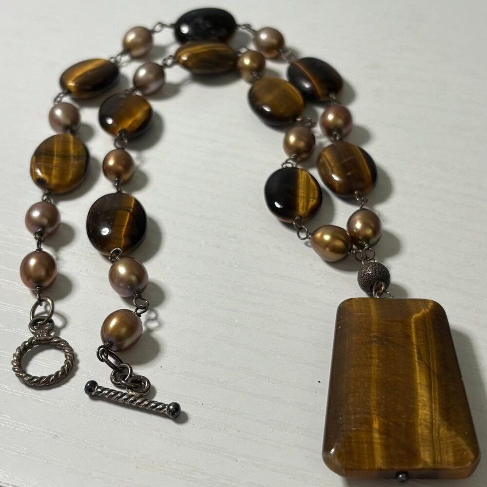 Natural Tigers Eye Bronze Pearl Statement Pendant Necklace Toggle Clasp